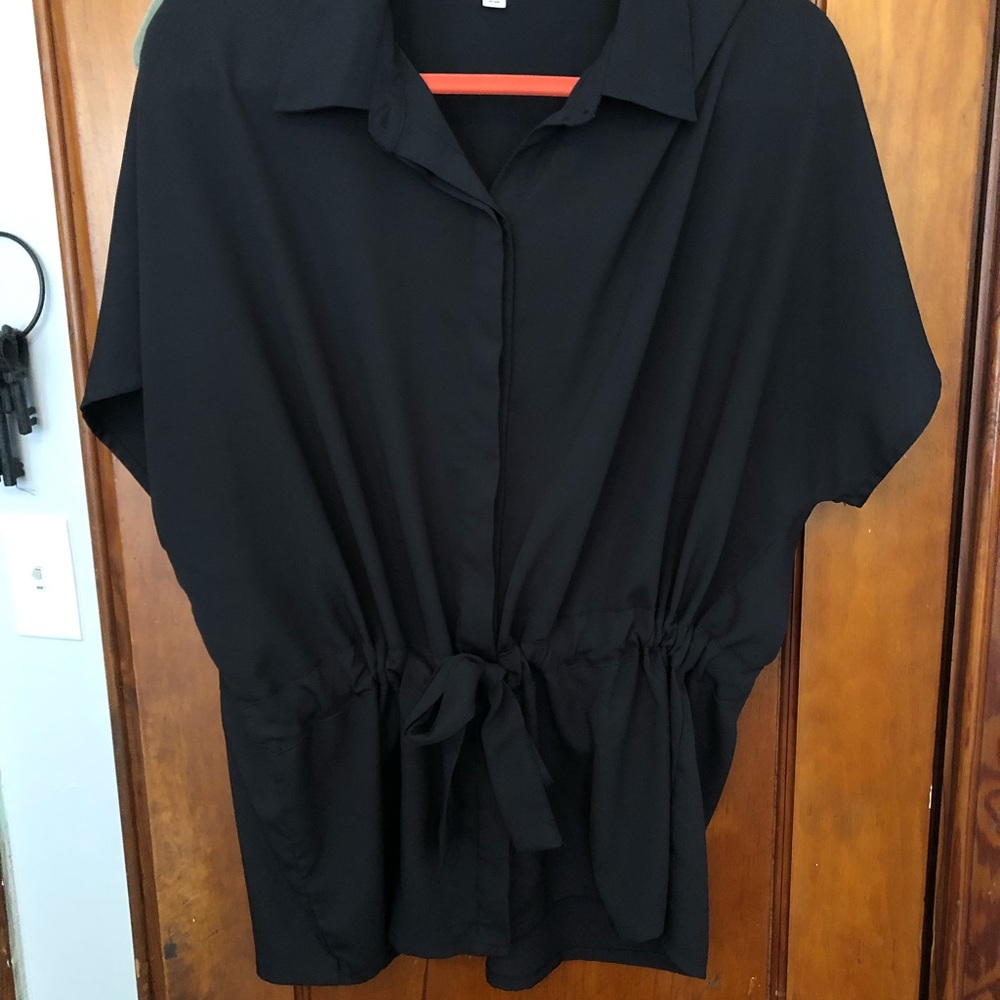 Black tie-waisted blouse